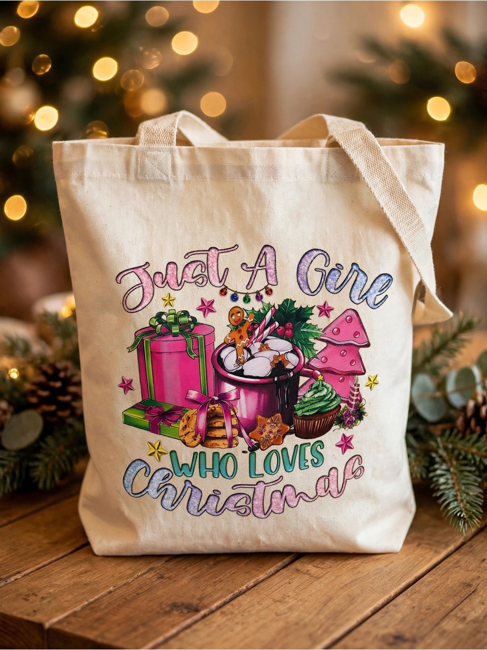 Pink Christmas Canva Tote Bag Organic Cotton